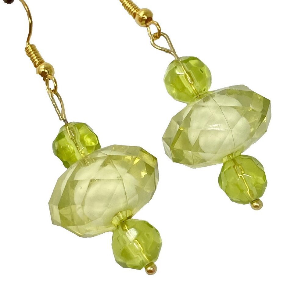 Art Glass Jeweled Cut Bead Earrings Lime Green Gold Plated Murano Style Faceted